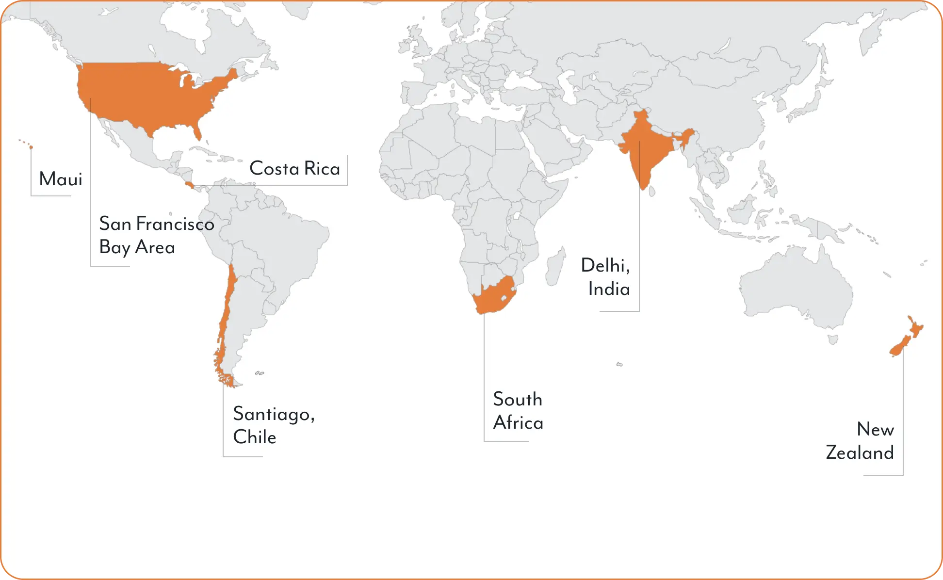 deBCor global delivery footprint — six countries: United States, India, Chile, Costa Rica, New Zealand, and South Africa, plus on-the-ground project presence in Hawaii