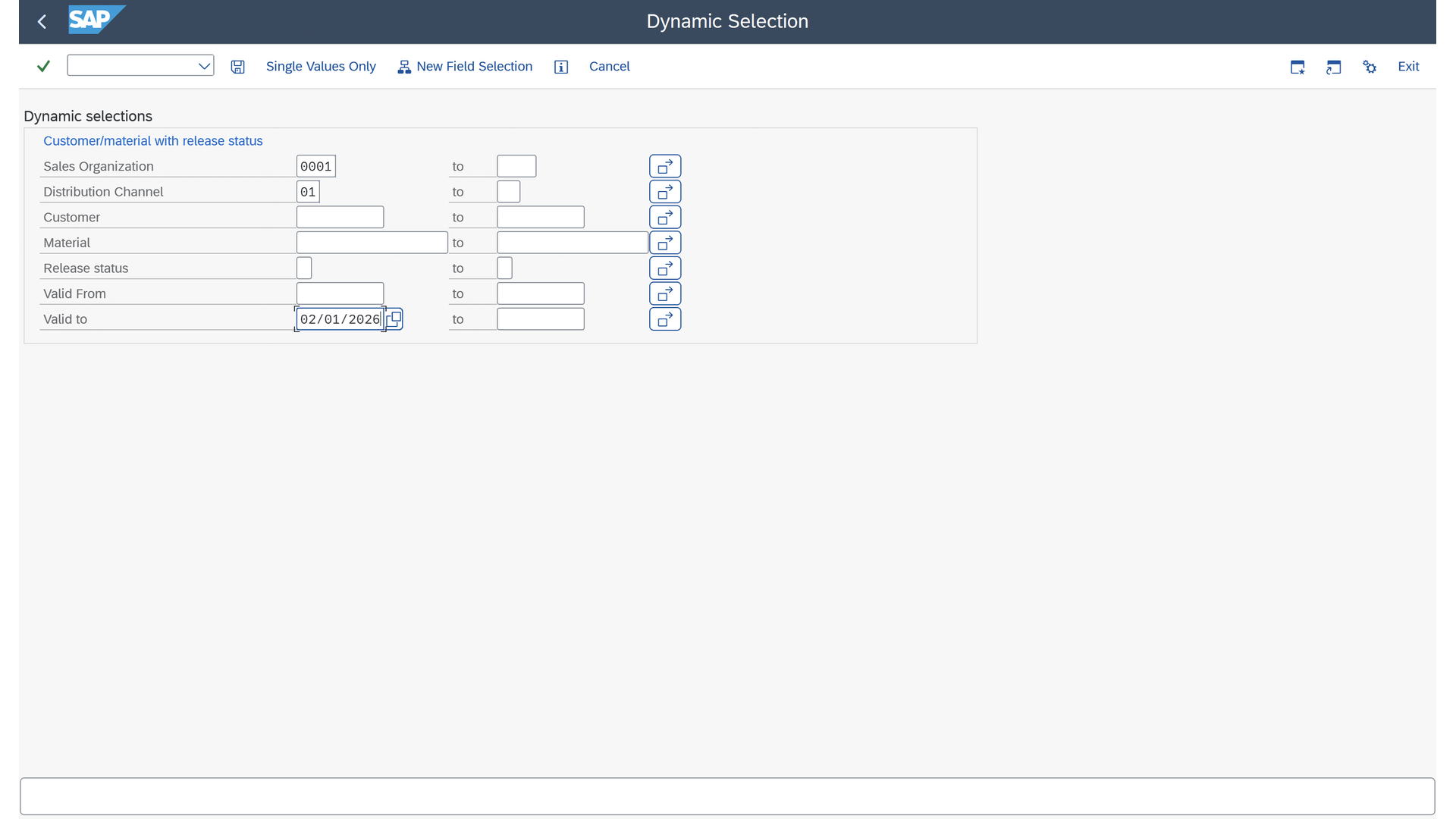 Dynamic Selection screen filtering pricing records.