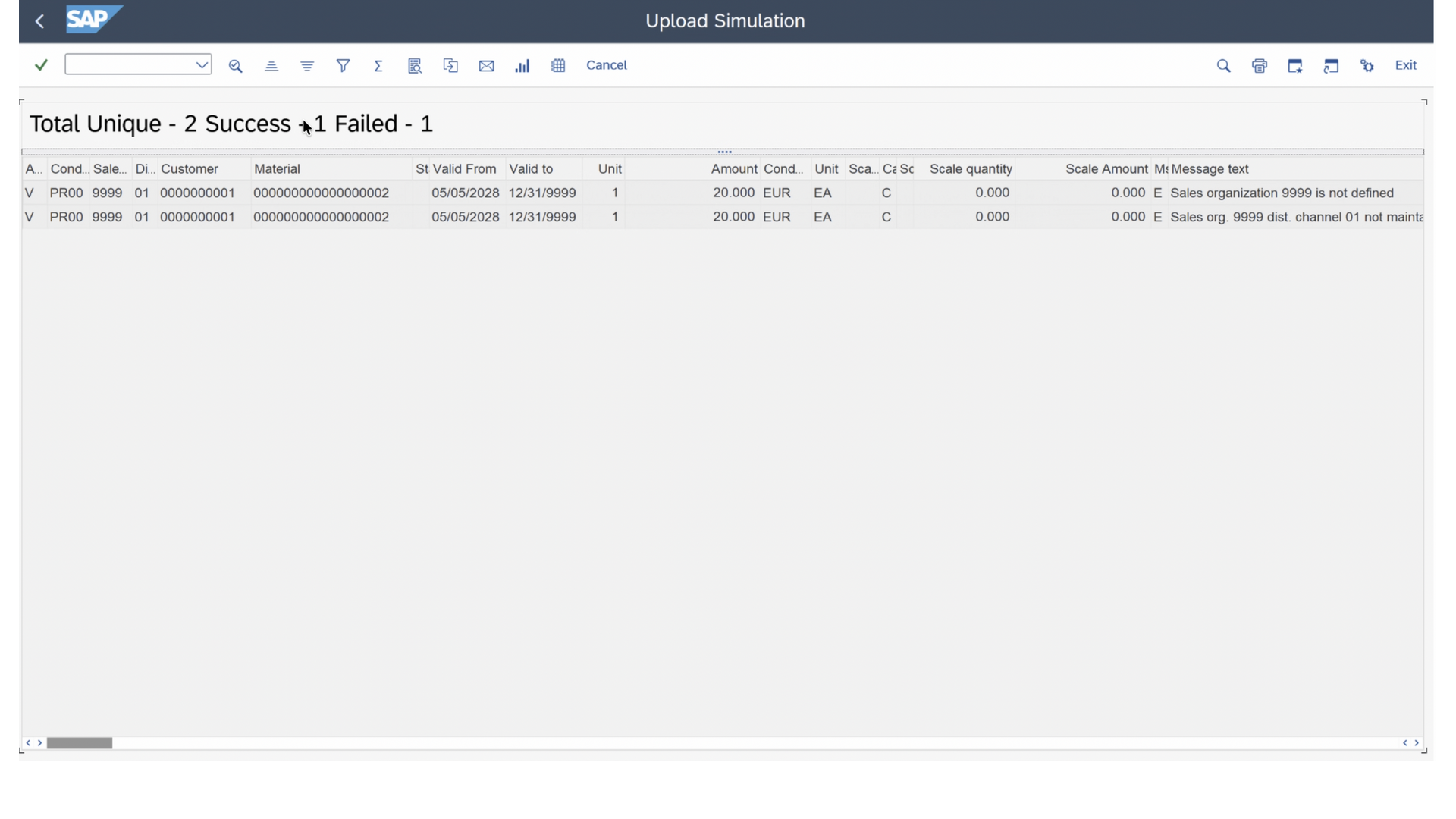Upload simulation results showing successful and failed records with line-level messages.
