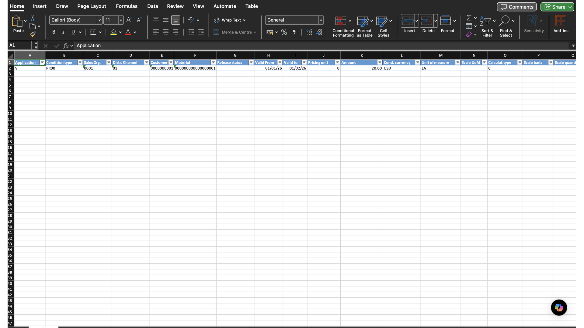 Generated Excel template with pricing fields ready to edit.