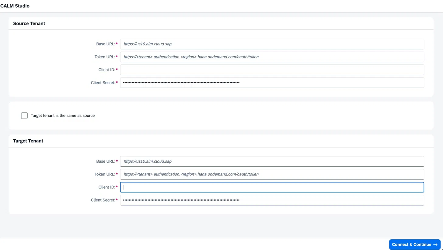 Tenant connection form — Source and Target tenant Base URL, Token URL, Client ID, and masked Client Secret fields.