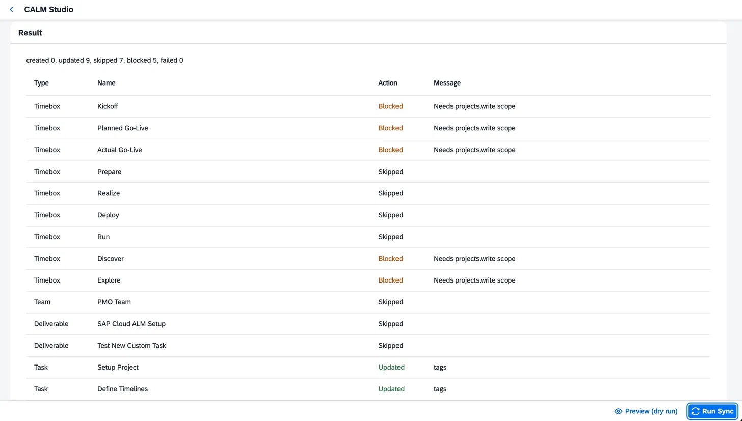 Result log showing per-item actions — Timeboxes blocked or skipped, Tasks updated — with status messages.