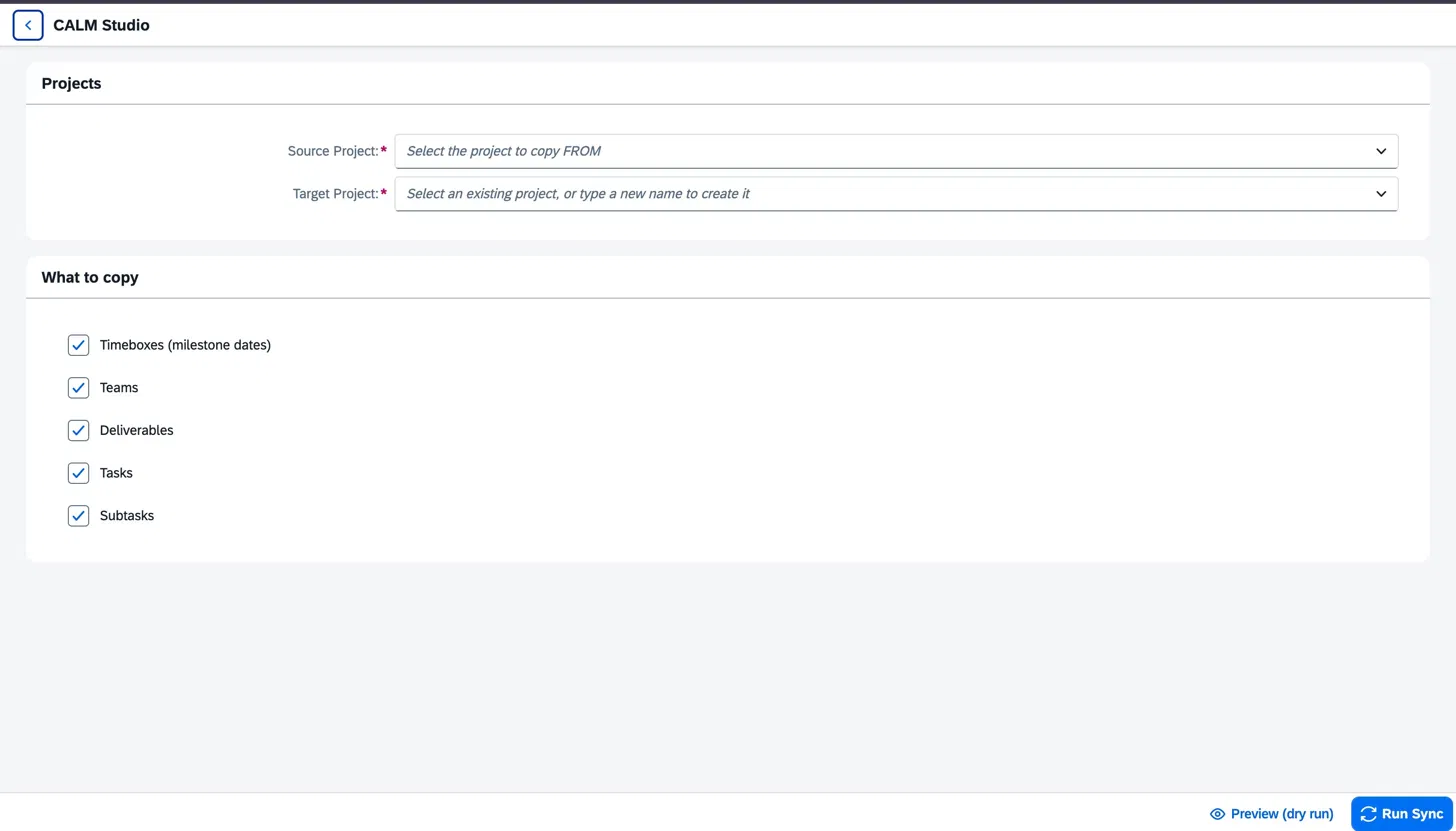 Project selection and 'What to copy' checklist — Timeboxes, Teams, Deliverables, Tasks, Subtasks.